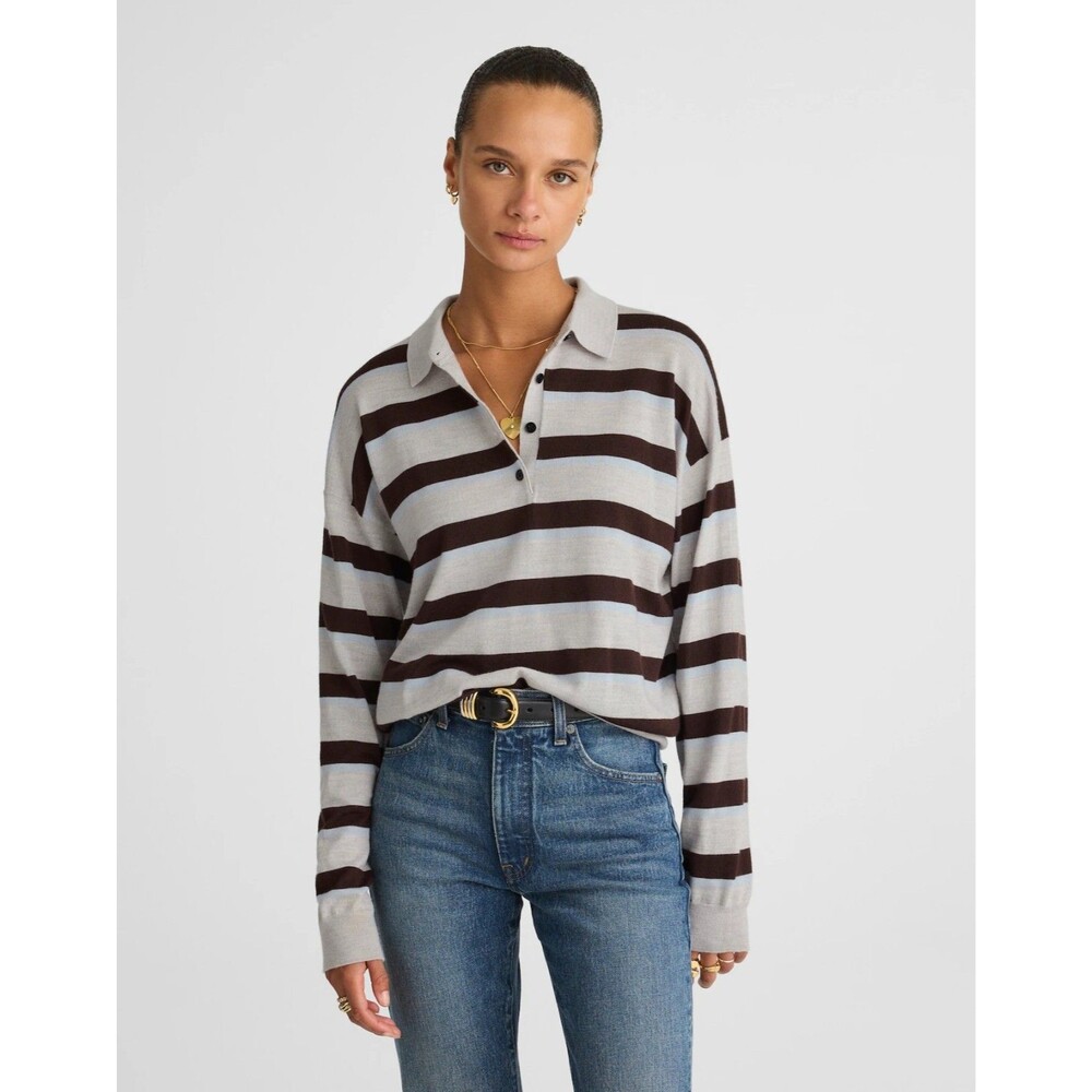 Madewell Light Gray and Dark Brown Striped Polo Sweater